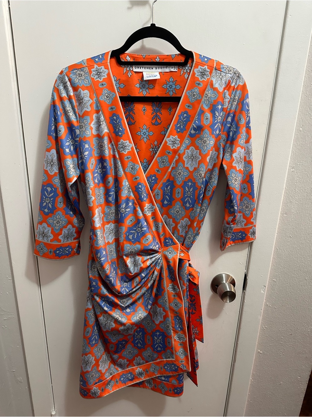 Gretchen Scott Designs Orange Blue Patterned Midi Wrap Dress